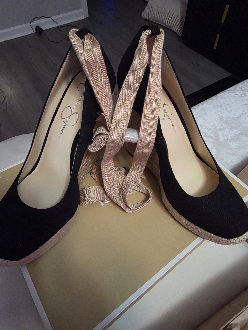 Jessica Simpson Black Wedge Espadrilles with Blush Ankle Ties